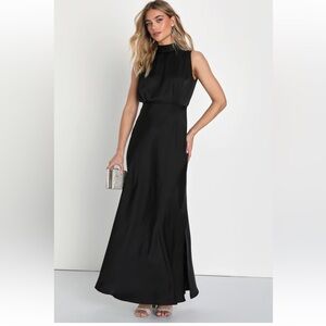 Lulu’s Classic Elegance Black Satin Sleeveless Mick Neck Maxi Dress Size Large